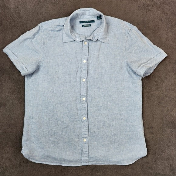 Perry Ellis Shirt‎ Mens Large Blue Linen Blend Short Sleeve Button Up Casual - Picture 1 of 12